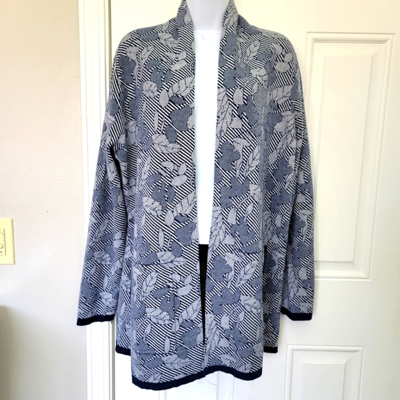 Lands' End Jacquard Open-Front Long Cardigan Sweater Deep Sea Navy Chevron Sz L - Picture 1 of 10